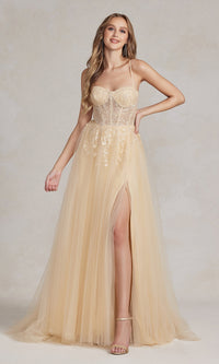 Corset-Bodice Long Pastel Prom Dress