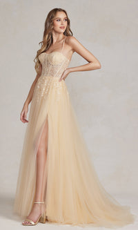 Corset-Bodice Long Pastel Prom Dress