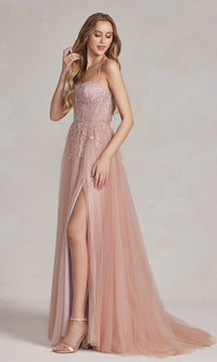 Corset-Bodice Long Pastel Prom Dress