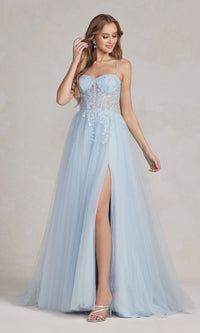 Corset-Bodice Long Pastel Prom Dress