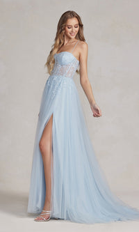 Corset-Bodice Long Pastel Prom Dress