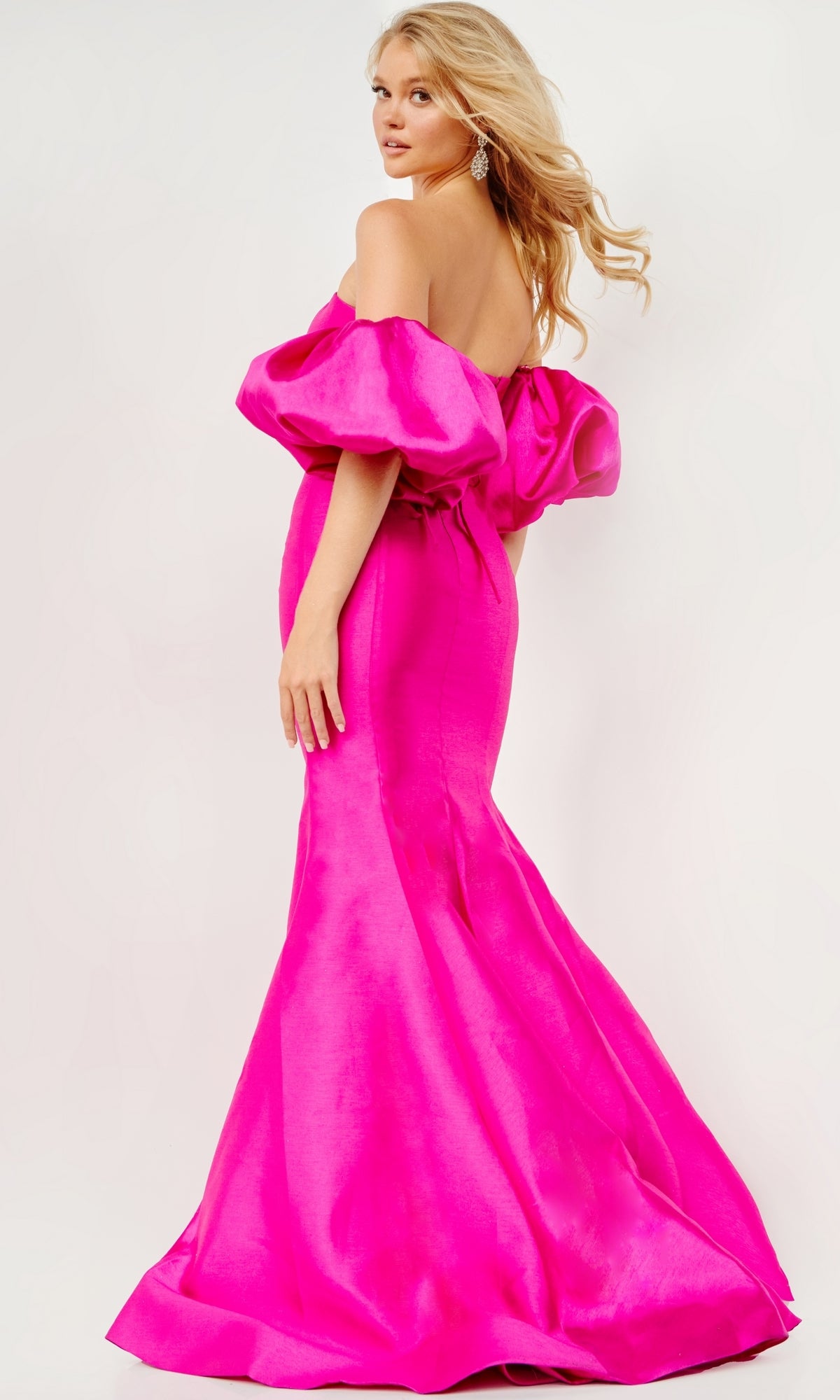 Fuchsia Pink Prom Dress with Puff Sleeves - PromGirl