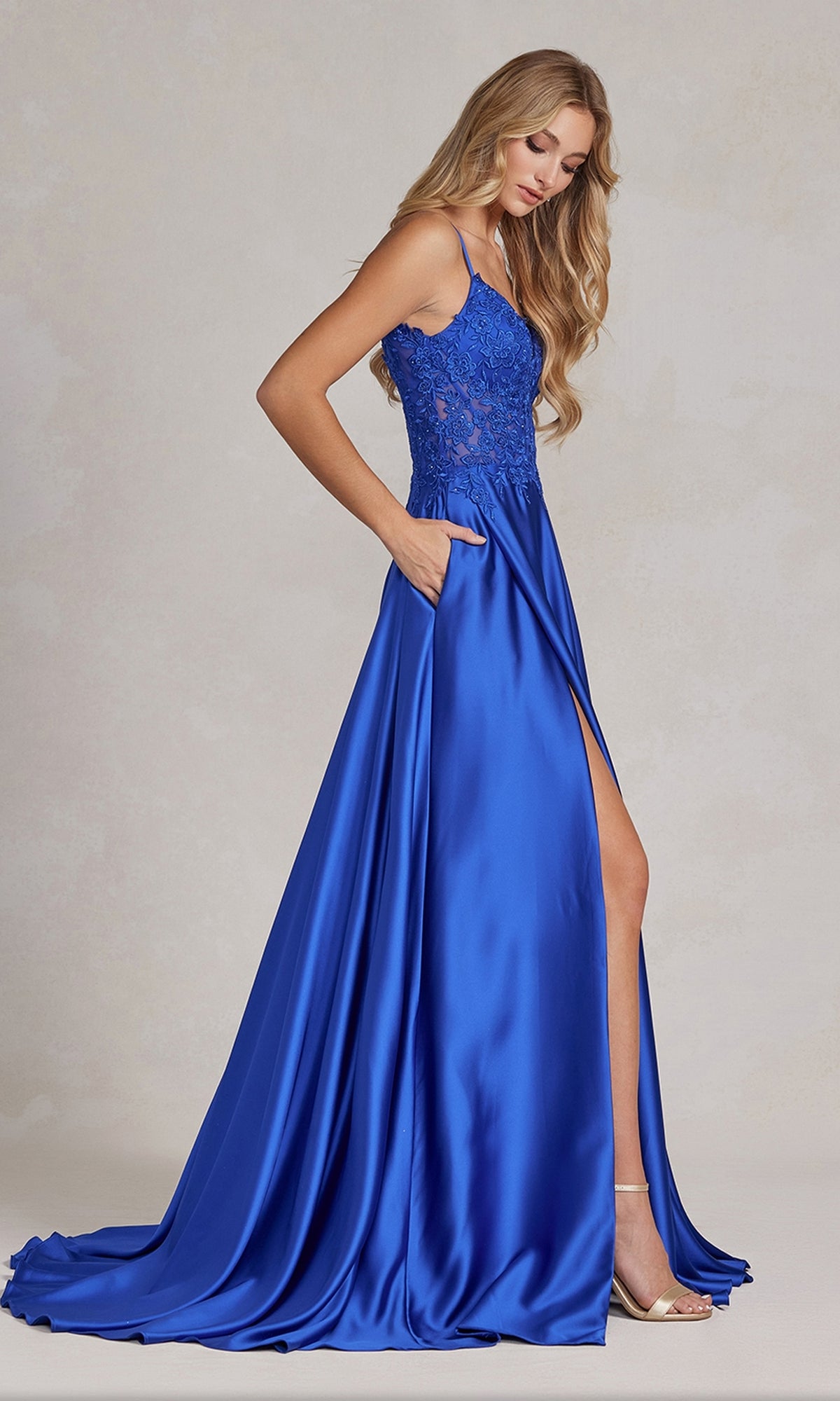 Sequin Long Faux-Wrap Prom Dress with Corset Back