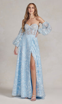 Long Puff-Sleeve Prom Dress with Sheer Bodice