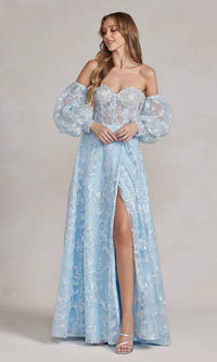 Long Puff-Sleeve Prom Dress with Sheer Bodice