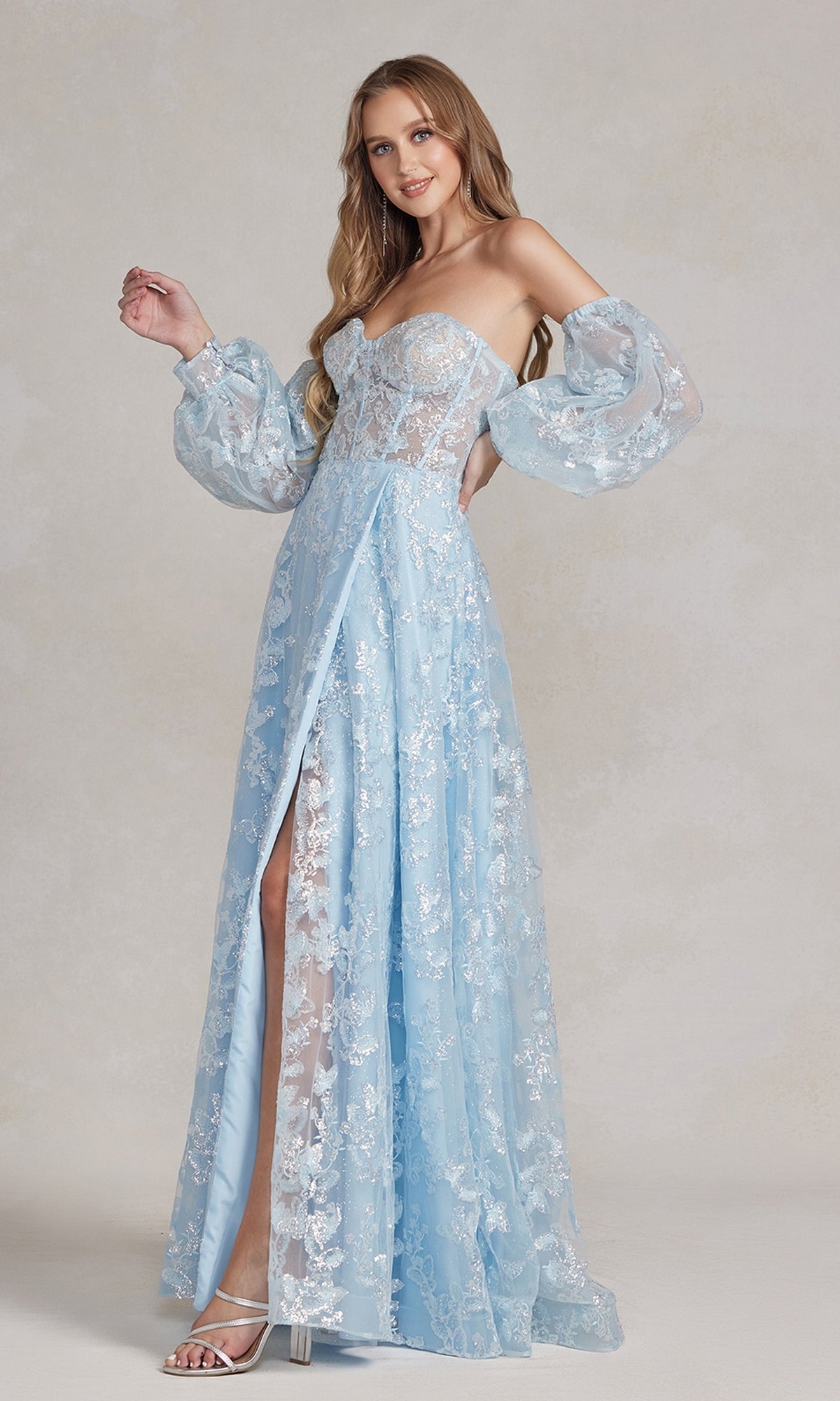 Long Puff-Sleeve Prom Dress with Sheer Bodice