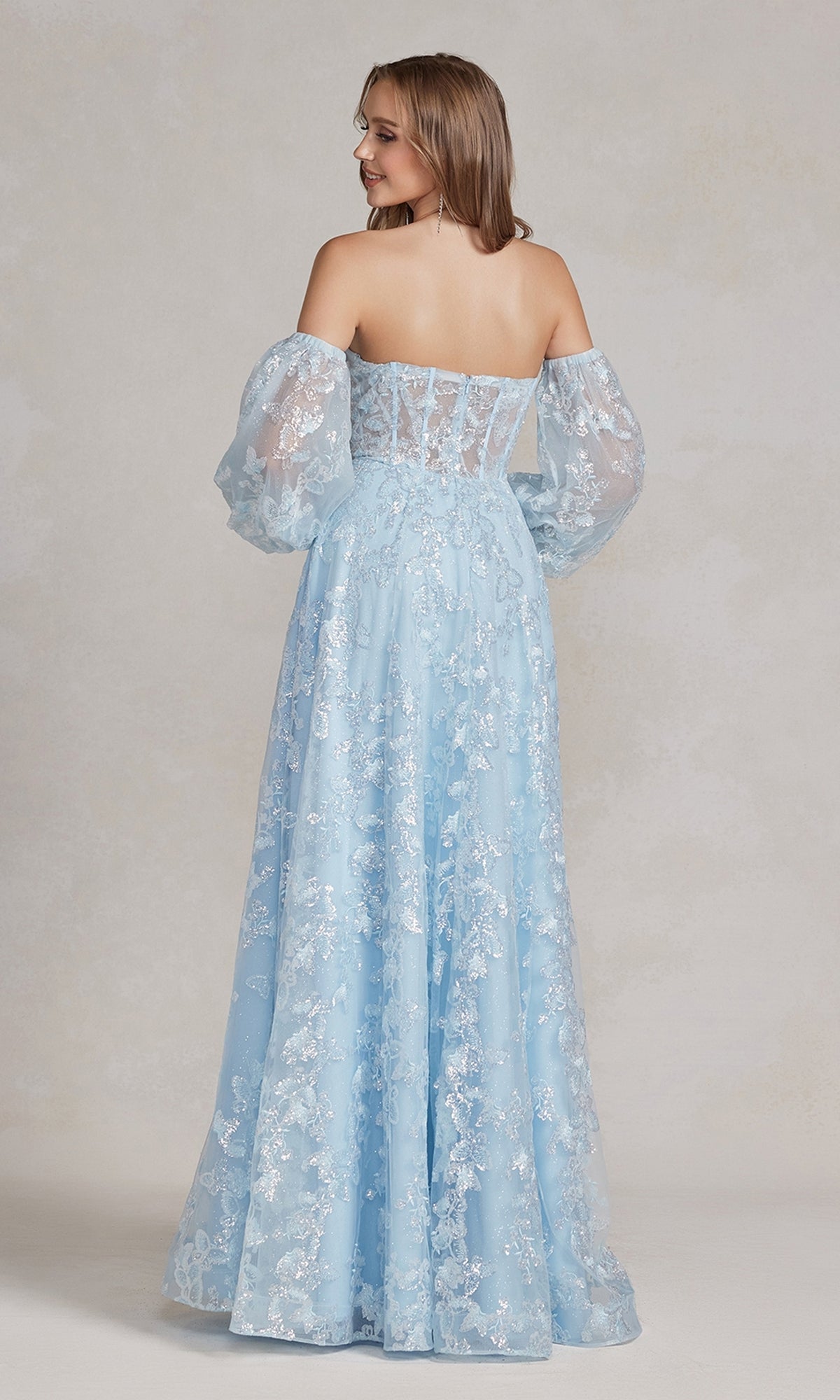 Long Puff-Sleeve Prom Dress with Sheer Bodice