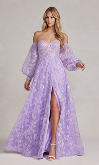 Long Puff-Sleeve Prom Dress with Sheer Bodice