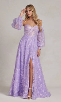 Long Puff-Sleeve Prom Dress with Sheer Bodice