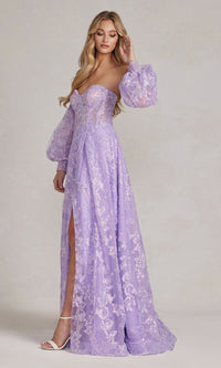 Long Puff-Sleeve Prom Dress with Sheer Bodice