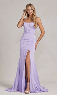 Corset Sheer-Back Simple Prom Dress with Side Slit