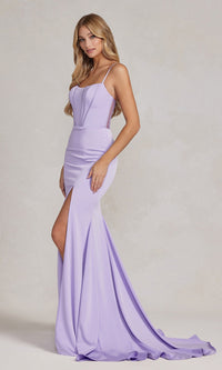 Corset Sheer-Back Simple Prom Dress with Side Slit