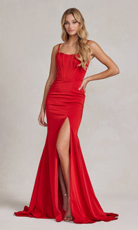 Corset Sheer-Back Simple Prom Dress with Side Slit