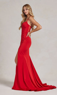 Corset Sheer-Back Simple Prom Dress with Side Slit