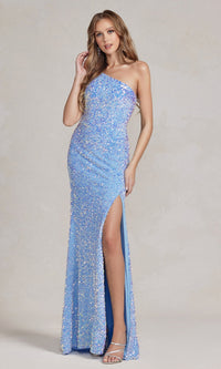 One-Shoulder Sequin Formal Prom Dress with Train