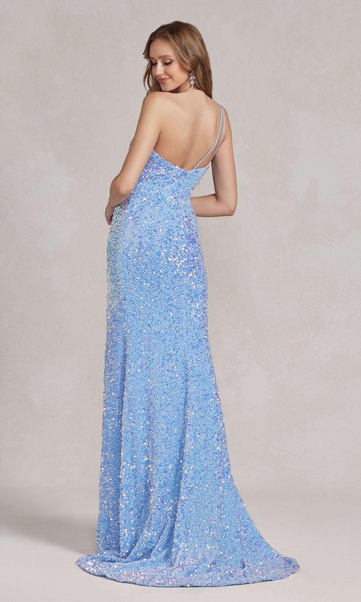 One-Shoulder Sequin Formal Prom Dress with Train