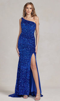 One-Shoulder Sequin Formal Prom Dress with Train