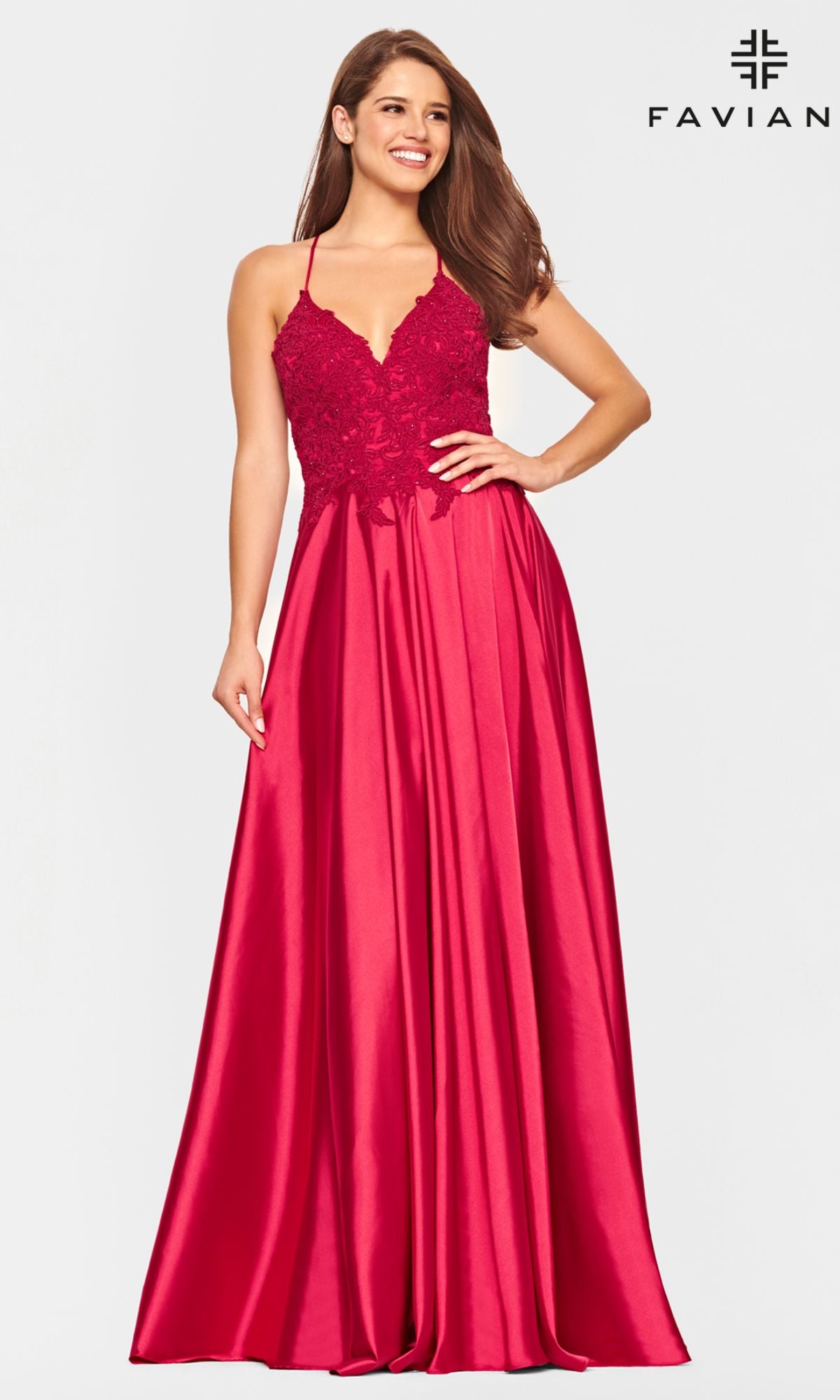 Faviana Lace-Bodice Long A-Line Prom Dress