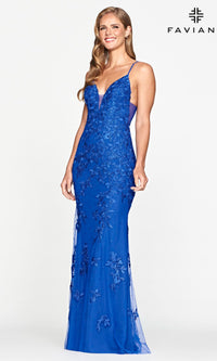 Sheer-Sides Long Lace Prom Dress by Faviana