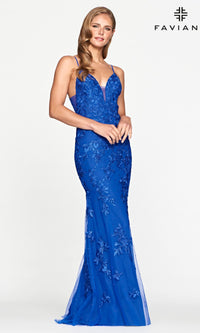 Sheer-Sides Long Lace Prom Dress by Faviana