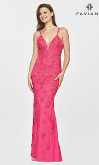 Faviana S10813 Long Lace Hot Pink Prom Dress