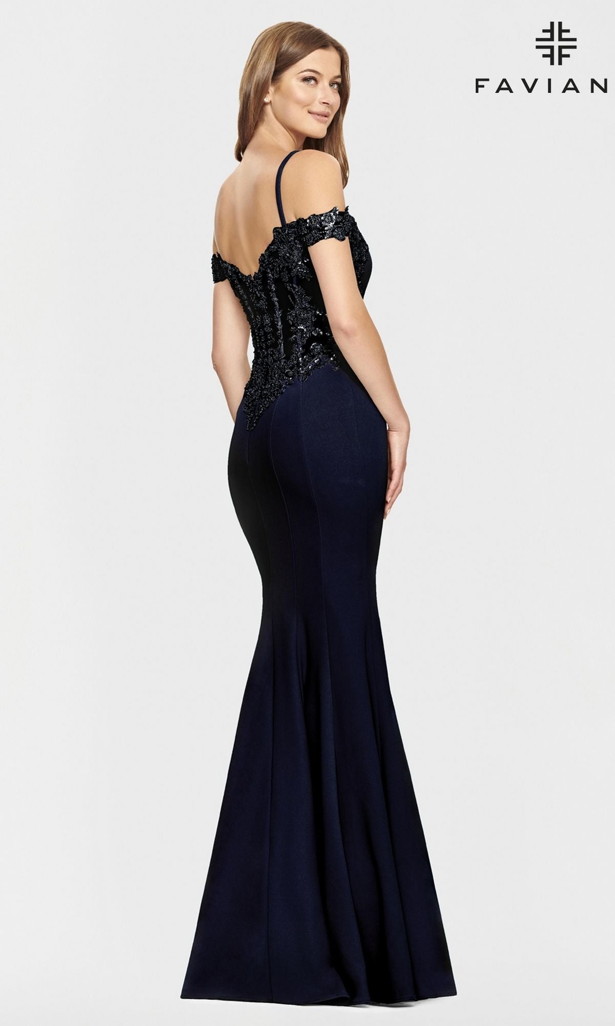 Faviana Cold-Shoulder Navy Blue Prom Dress S10866