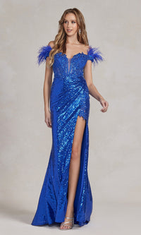 Sequin Prom Dress with Off-Shoulder Feather Straps