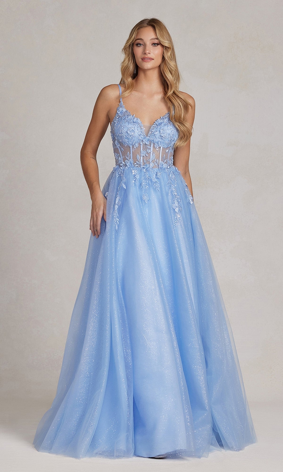 Sheer-Bodice Long Blue Prom Ball Gown