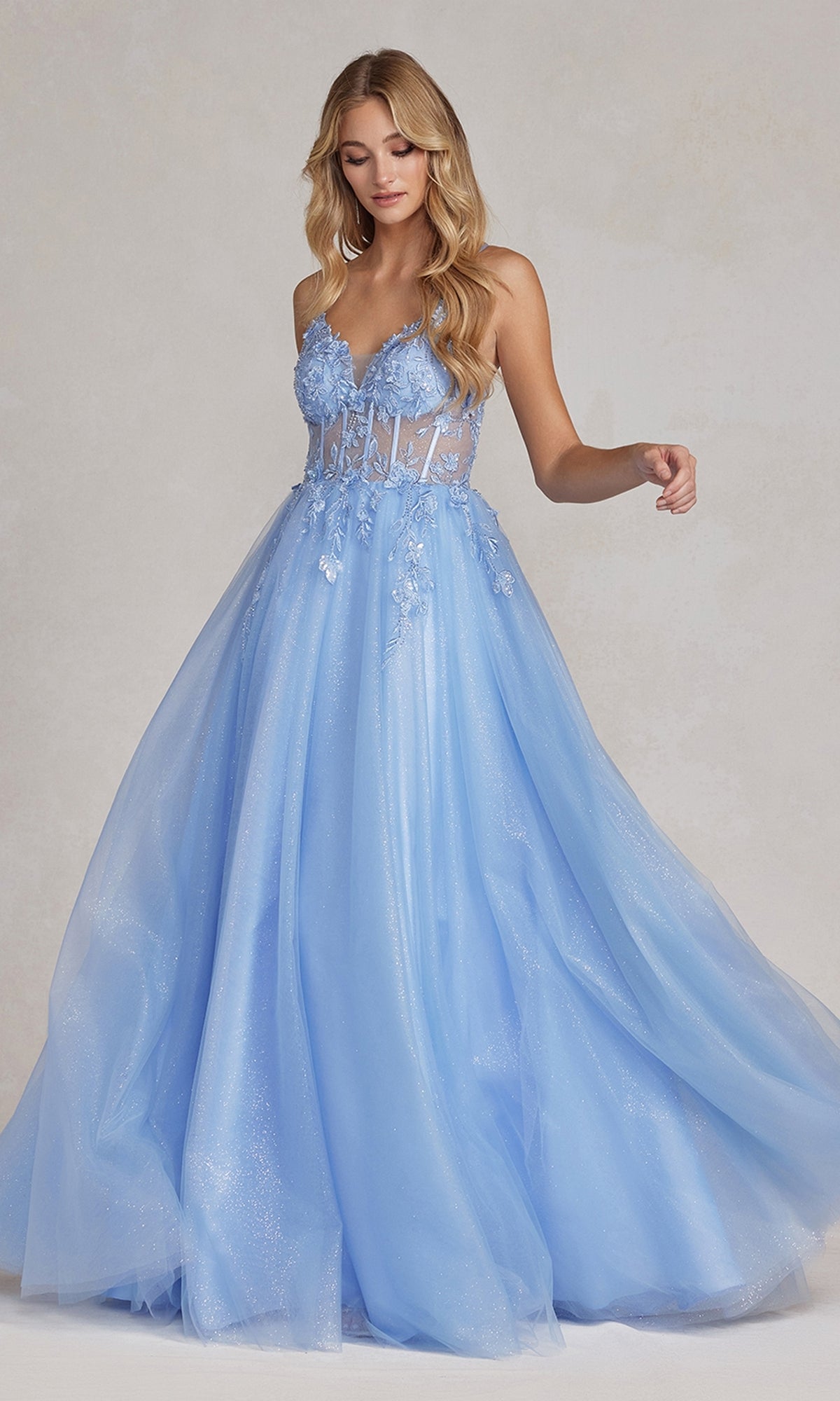 Sheer-Embroidered-Corset Long Prom Ball Gown - PromGirl