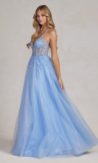 Sheer-Bodice Long Blue Prom Ball Gown