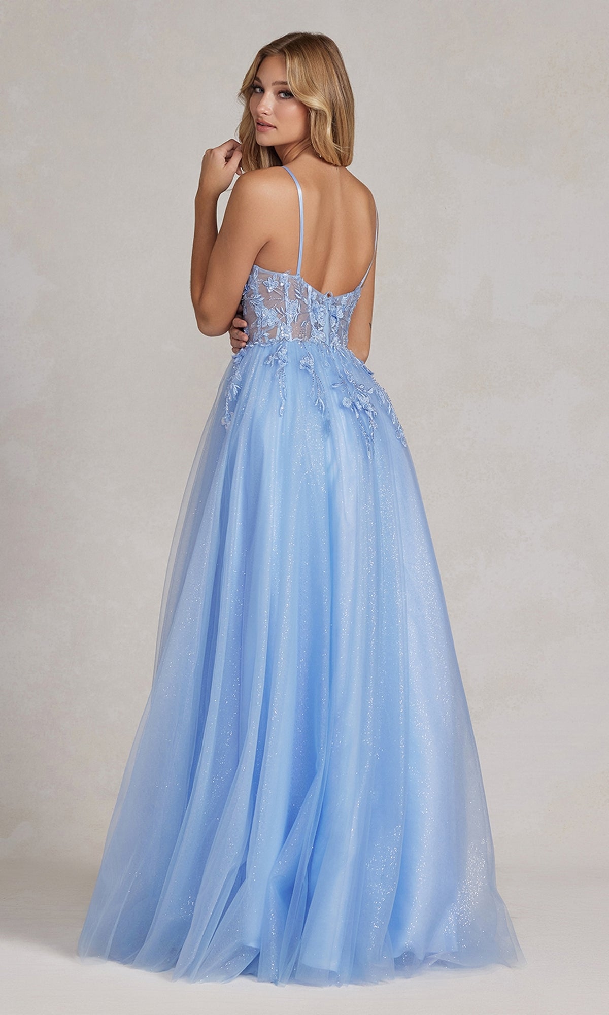 Sheer-Bodice Long Blue Prom Ball Gown