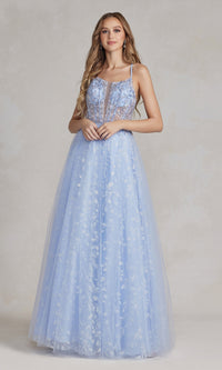 Periwinkle Illusion-Bodice Long Prom Dress