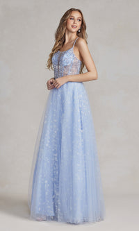 Periwinkle Illusion-Bodice Long Prom Dress