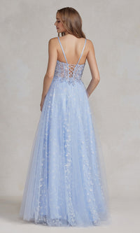 Periwinkle Illusion-Bodice Long Prom Dress