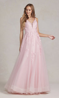 Embroidered Tulle Prom Ball Gown with Corset Back