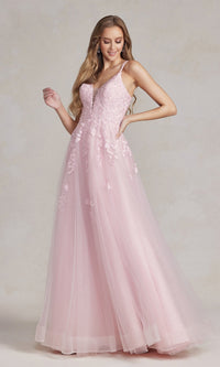 Embroidered Tulle Prom Ball Gown with Corset Back