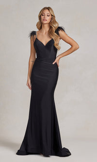 Feather-Embellished Backless Long Prom Dress