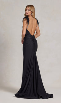 Feather-Embellished Backless Long Prom Dress