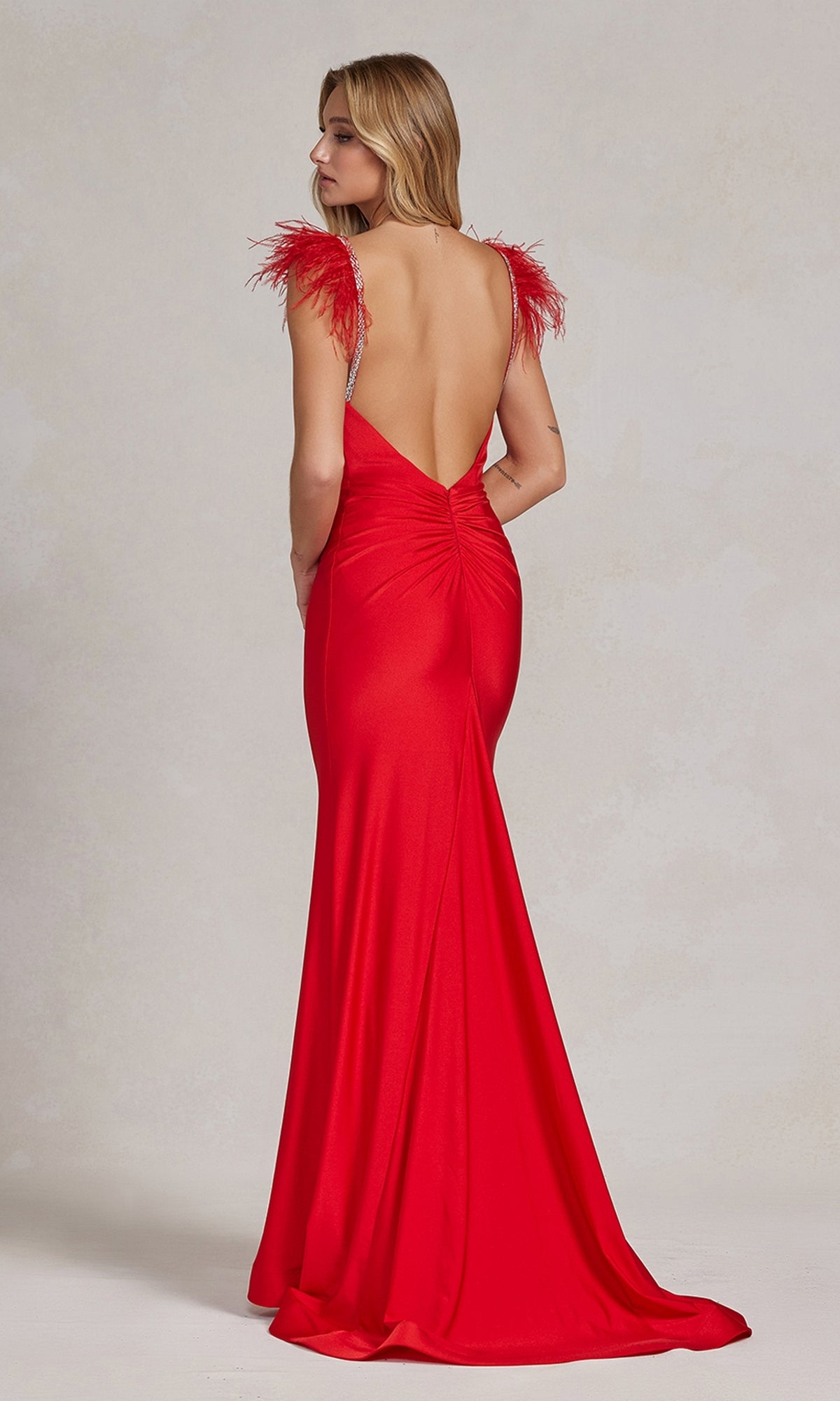 Feather-Embellished Backless Long Prom Dress