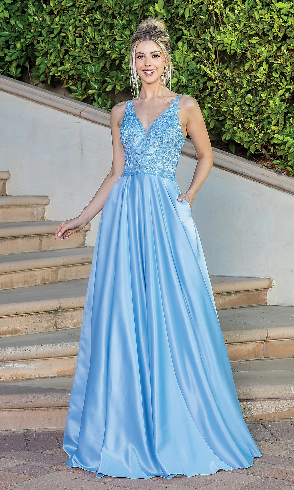 Embroidered-Bodice Long Prom Dress with Corset