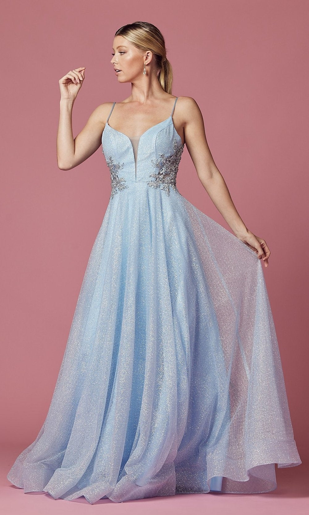 Light Blue Prom Dress 2024 Illusion Neck Beaded with Long Sleeves –  AnnaCustomDress