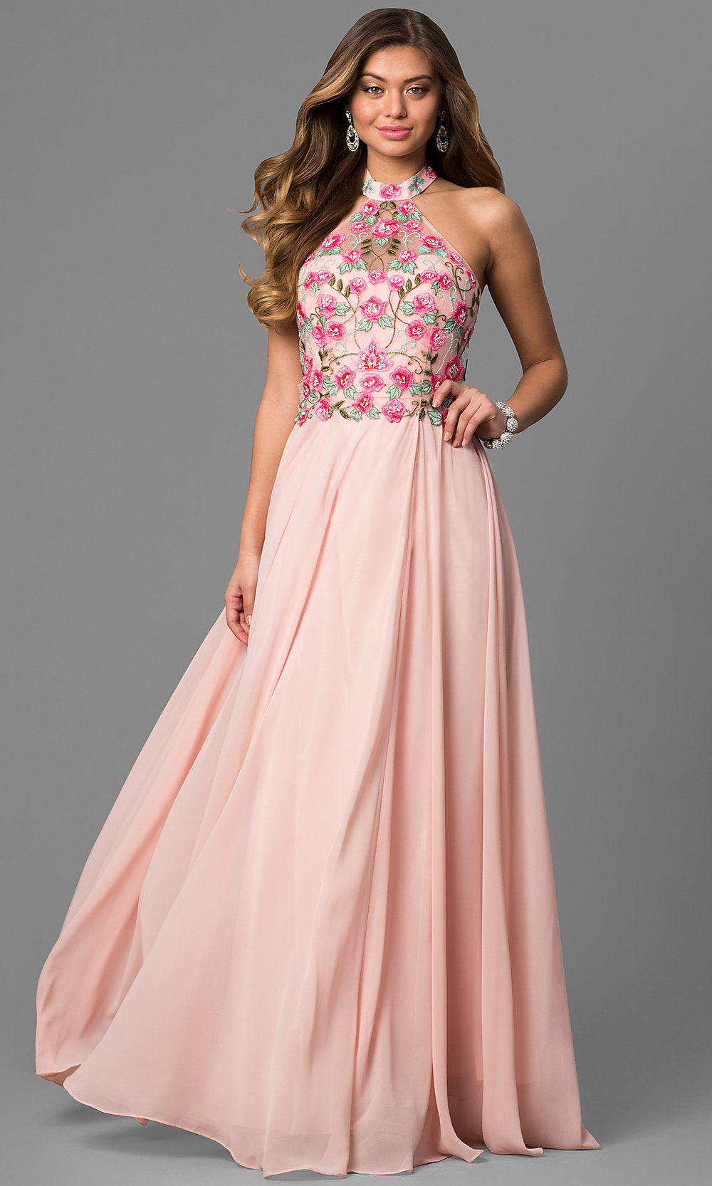 Long Halter Prom Dress with Embroidery PromGirl