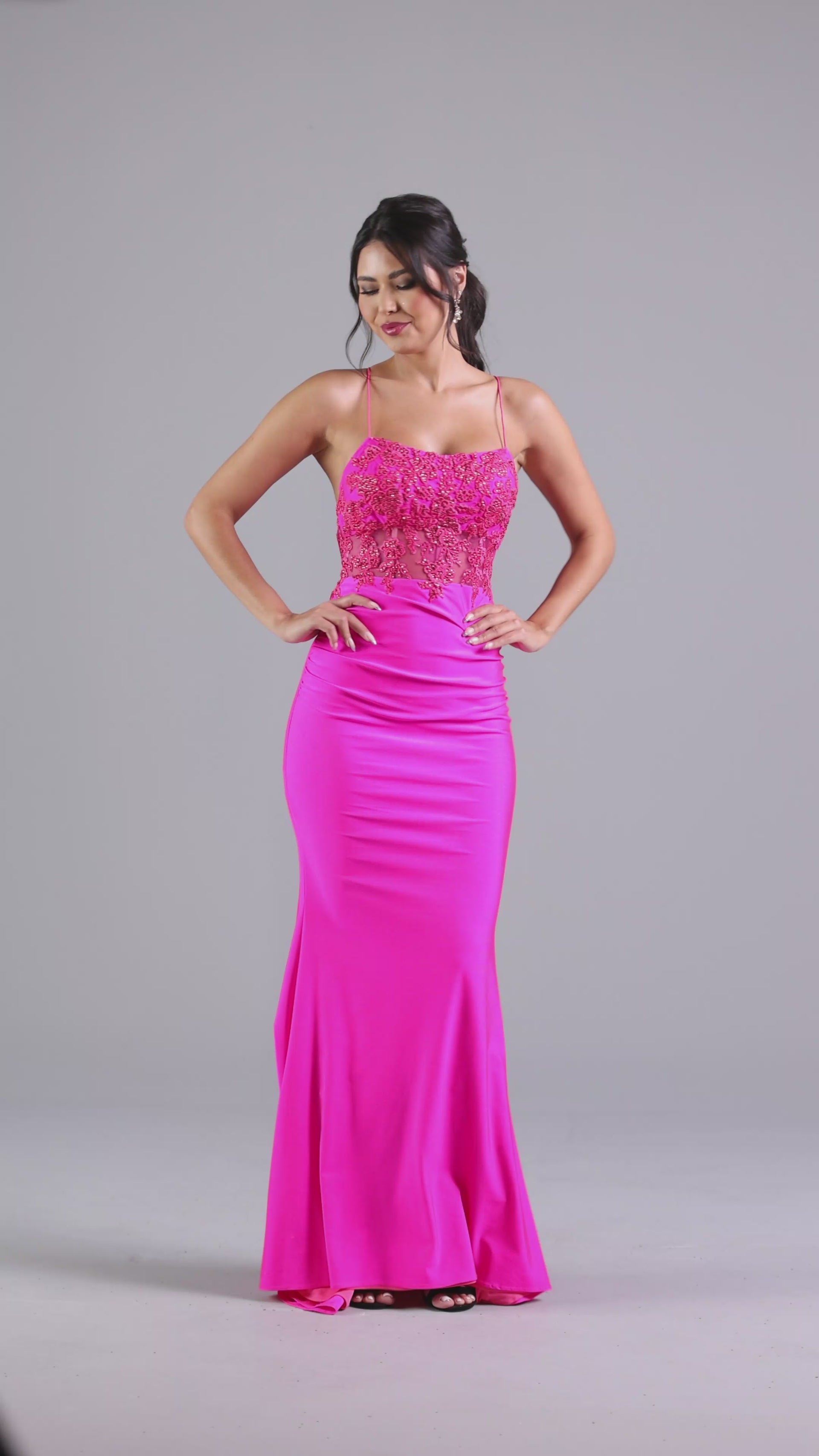 Hot Pink Long Prom Dress With Sheer Bodice Promgirl