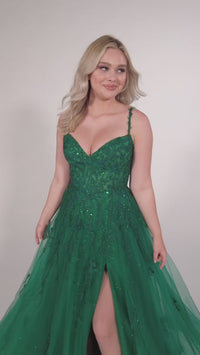 Ellie Wilde Long Glitter-Tulle A-Line Formal Dress