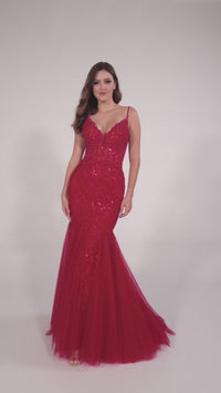 Sheer-Bodice Embroidered Long Mermaid Prom Dress