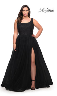 La Femme-La Femme Plus-Size Long Lace-Bodice Prom Dress