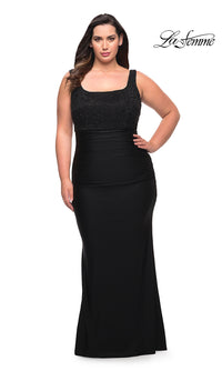 La Femme-La Femme Lace-Bodice Long Black Plus Prom Dress