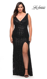 La Femme-La Femme Striped Sequin Plus-Size Long Prom Dress