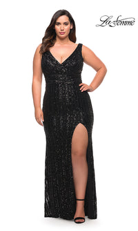 La Femme-La Femme Striped Sequin Plus-Size Long Prom Dress