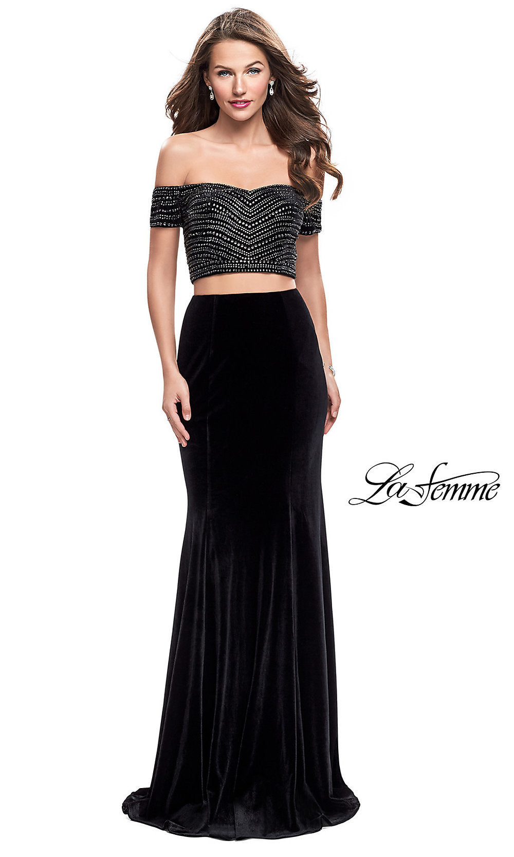 Long Two-Piece Off-the-Shoulder Velvet La Femme Prom Dress